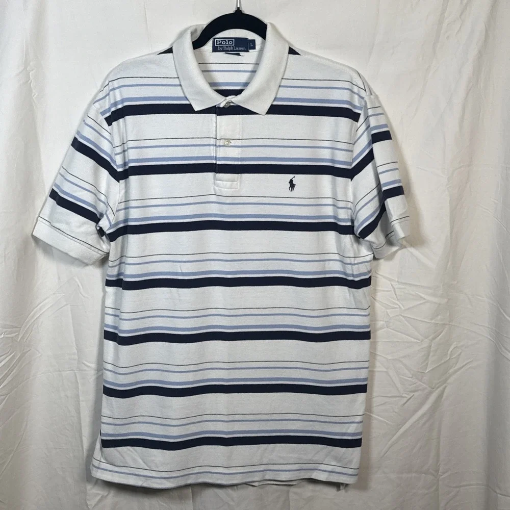 VTG Polo Ralph Lauren  Adult Large White  Blue Stripes  Short Sleeve Shirt Rugby